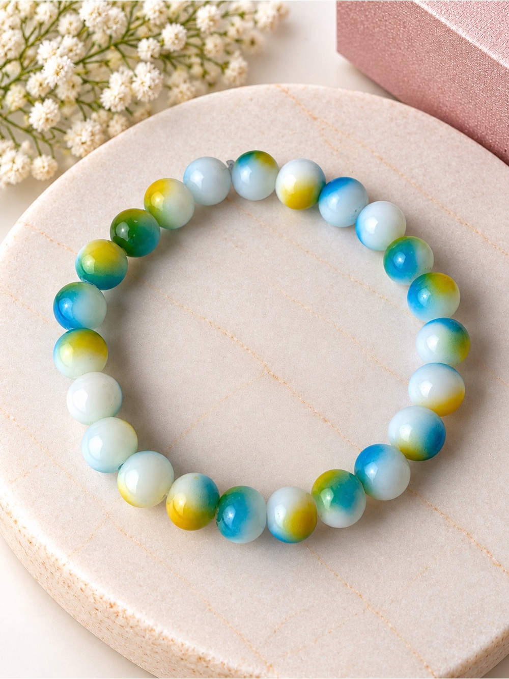 Multicolor Glass Bead Stretch Bracelet - Blue, Green & Yellow